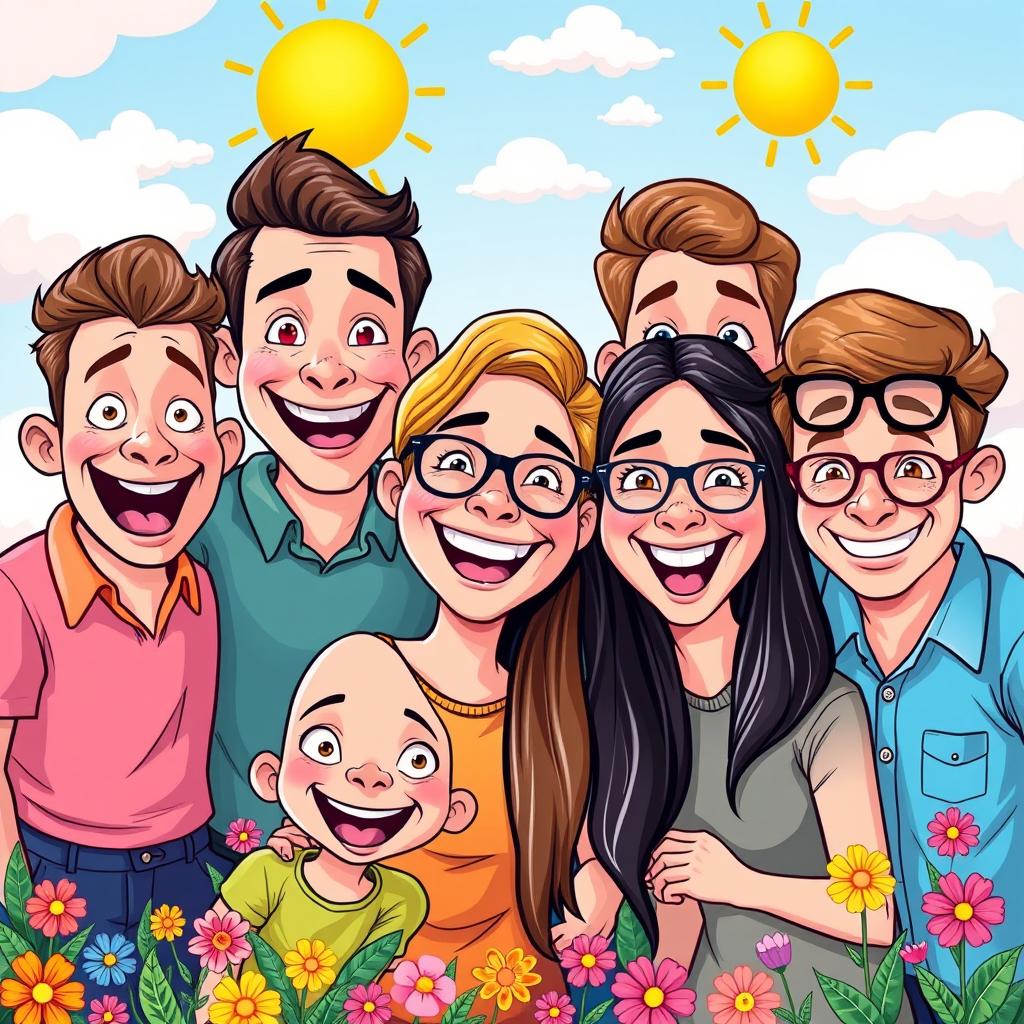 A vibrant and fun cartoon version of a group photo, featuring exaggerated characteristics of the people in it