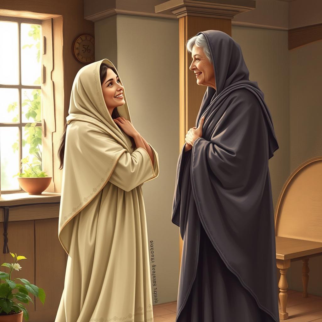 A serene and biblical scene depicting the visitation of Mary to Elisabeth, illustrating two women embracing joyfully as they meet