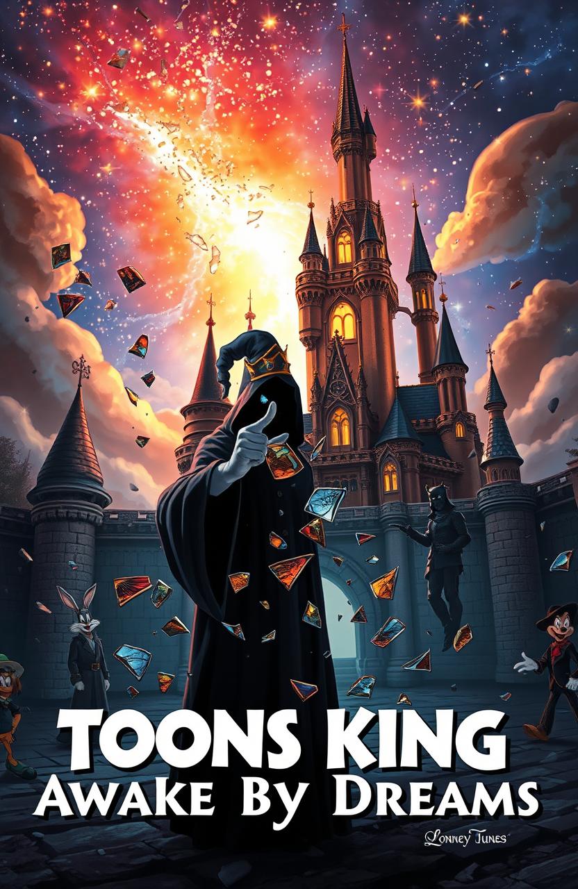 A very realistic depiction of an enchanted Disney-style castle shattered into pieces with stained glass elements, showcasing broken esoterism and mystery