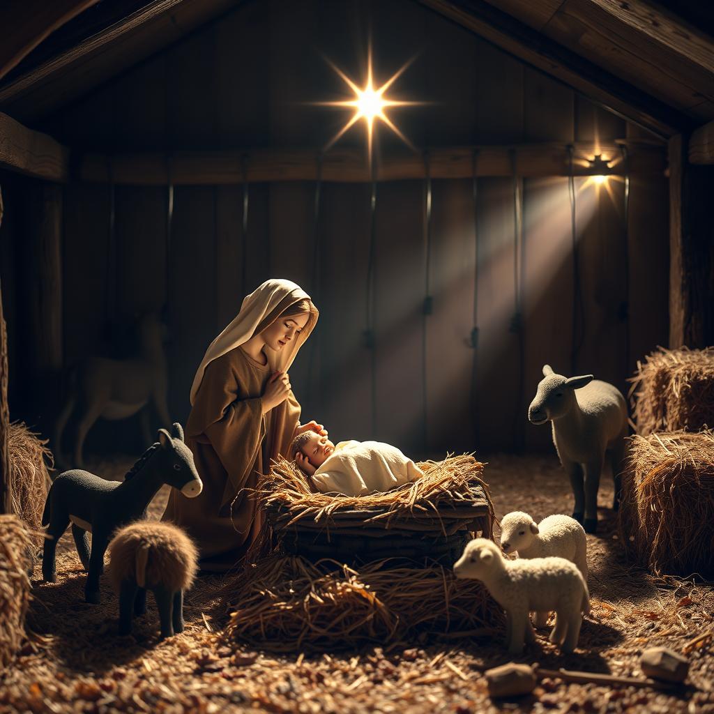 A serene nativity scene depicting the birth of Jesus in a humble stable