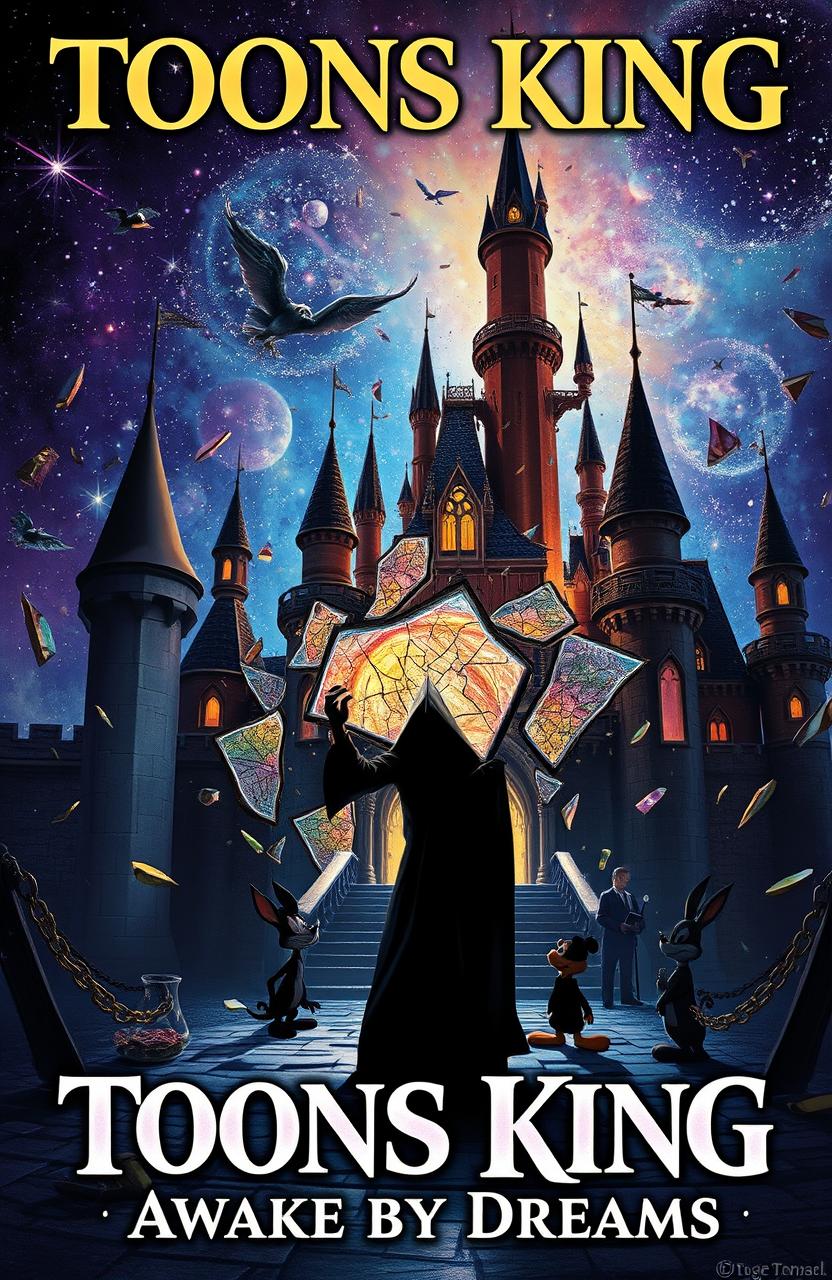 A very realistic depiction of an enchanted castle styled like Disney, but shattered into countless pieces of stained glass