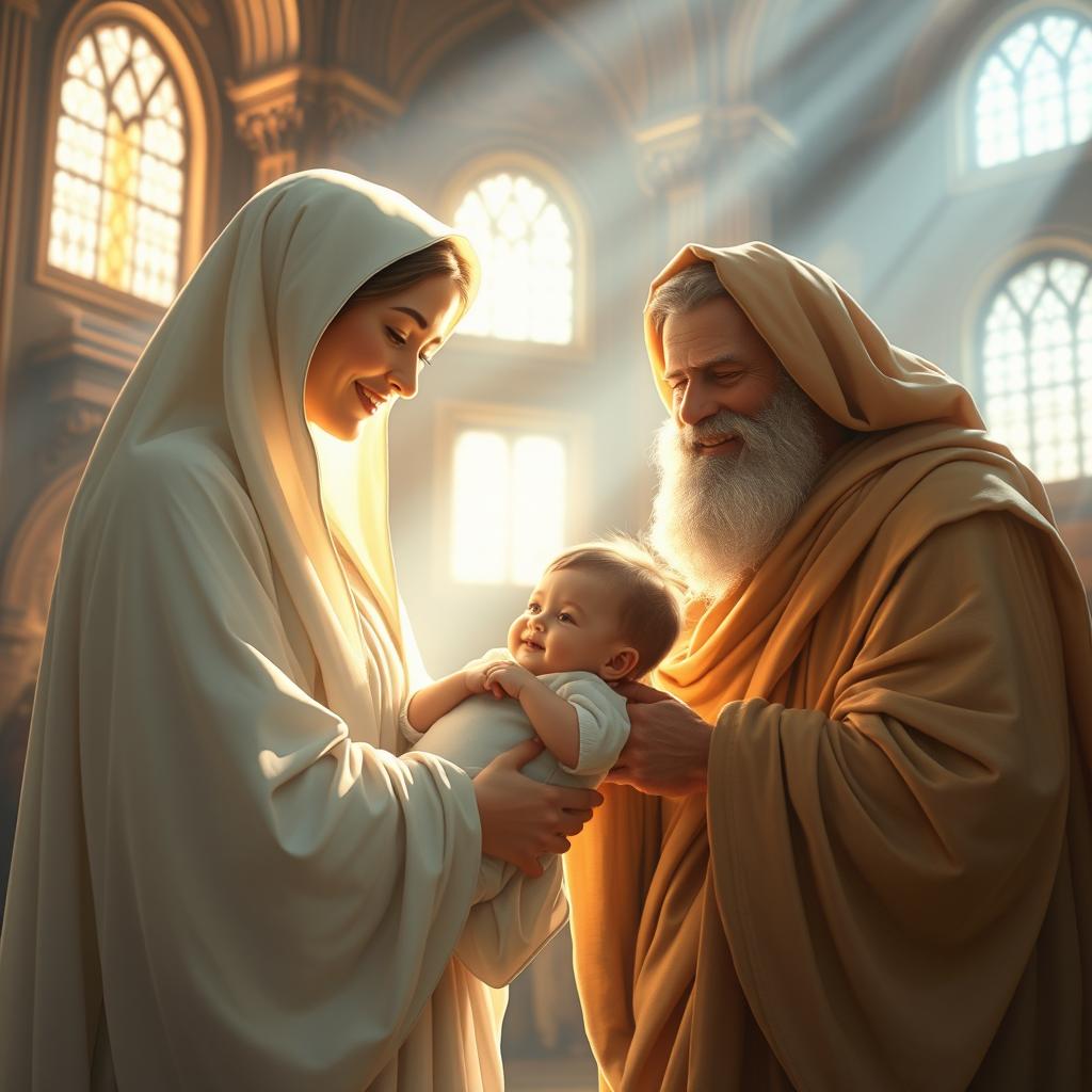 A serene and beautiful interpretation of the presentation of the child Jesus at the temple, featuring an ethereal atmosphere