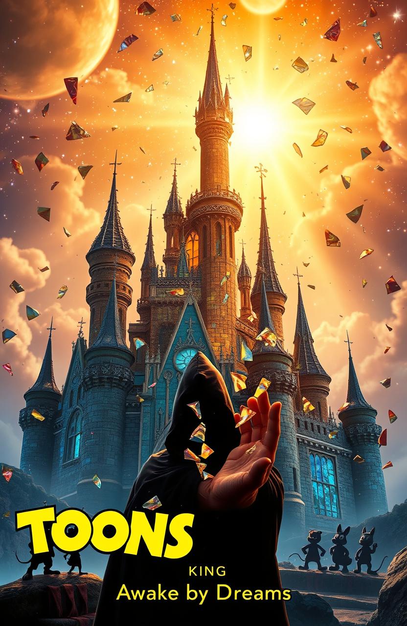 A very realistic and enchanting scene depicting a shattered Disney-style castle made of stained glass, with pieces scattered throughout the background