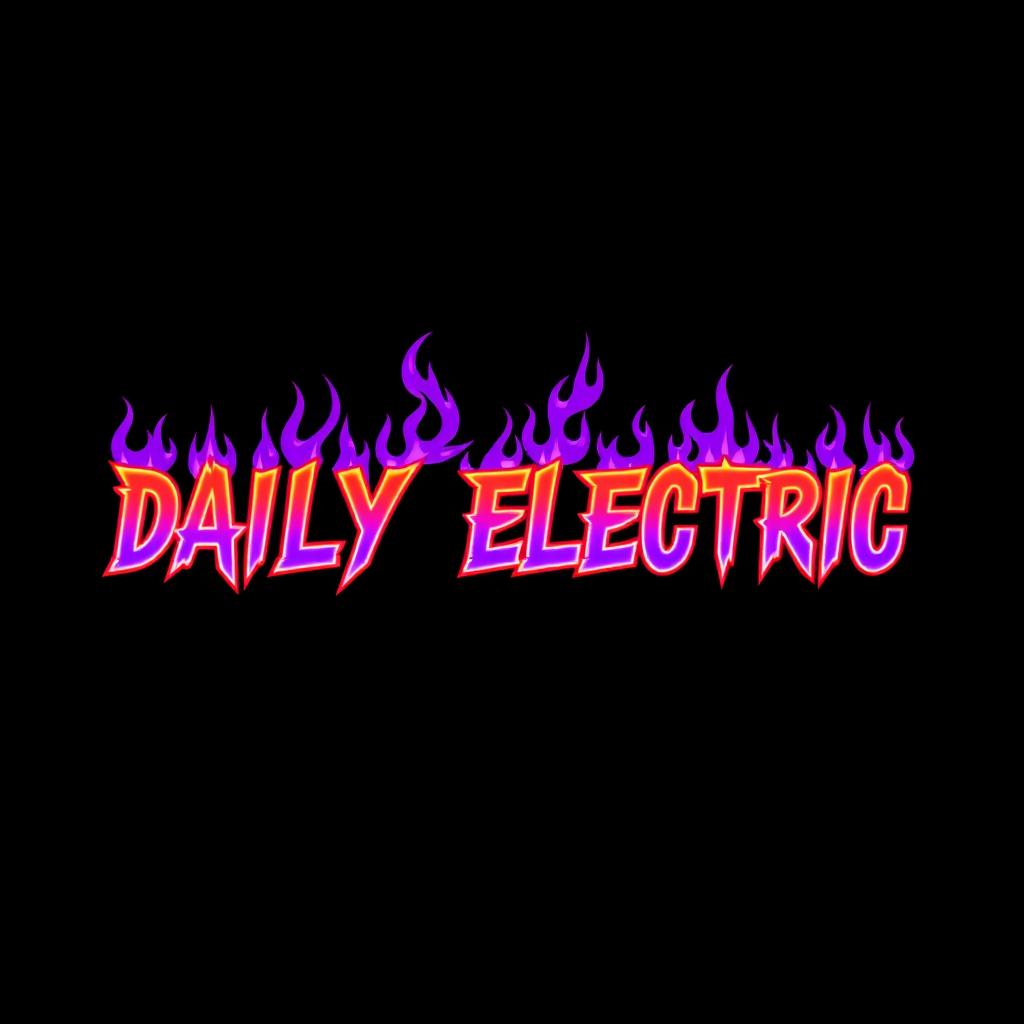 A graphic design featuring the phrase 'DAILY ELECTRIC' styled in a similar way to the provided image, which has a fiery and edgy font with purple flames surrounding the letters