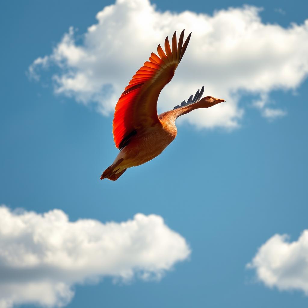 A vibrant red goose flying gracefully through a clear blue sky with fluffy white clouds in the background