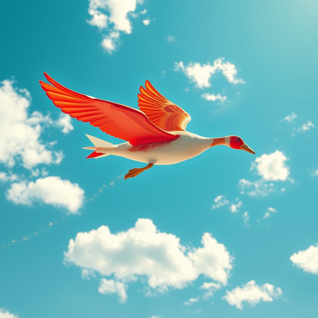 A whimsical red goose designed to resemble a sleek airplane, soaring gracefully through a bright blue sky scattered with fluffy white clouds