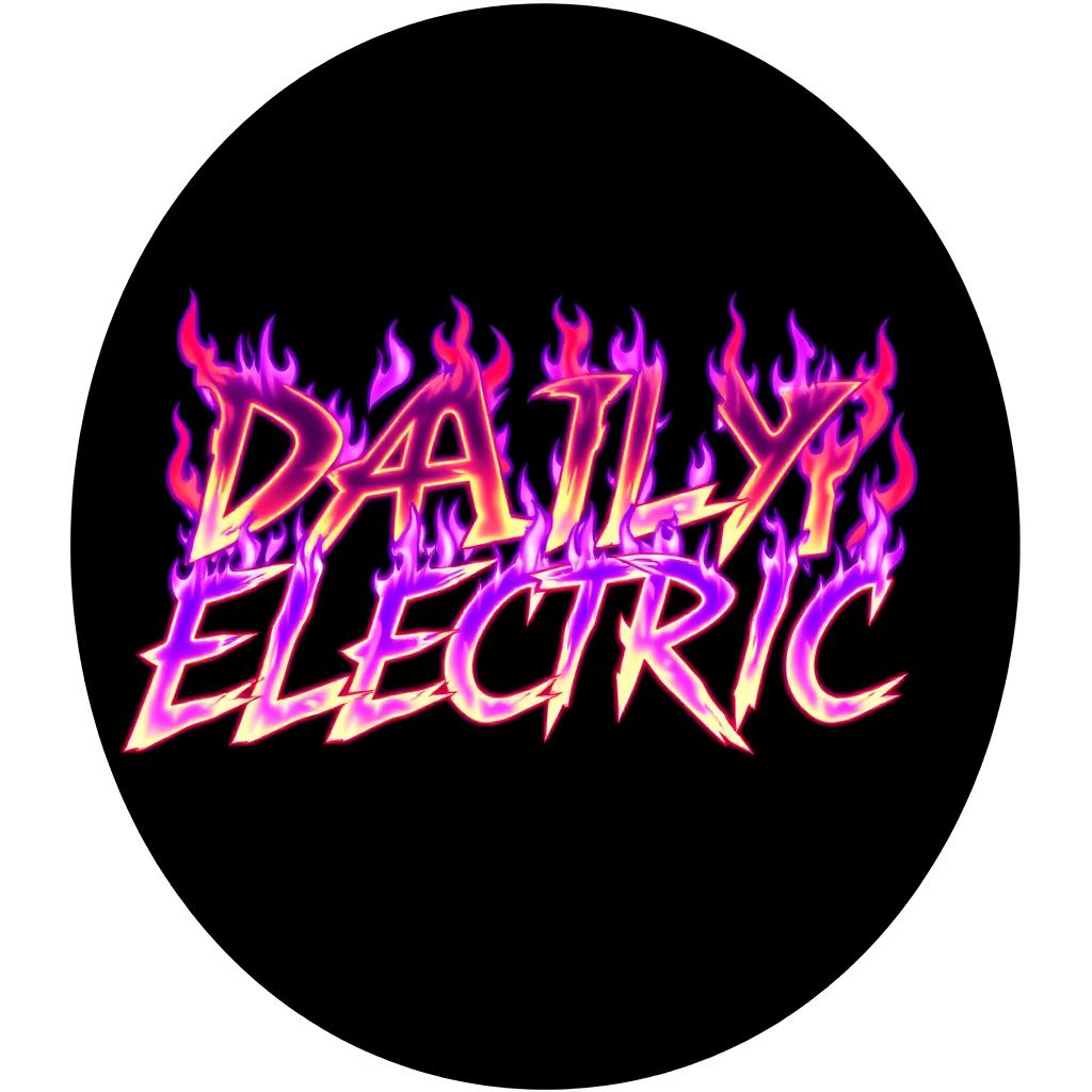 A graphic design featuring the phrase 'DAILY ELECTRIC' styled exactly like the text in the provided image, which includes fiery, edgy letters with purple flames surrounding them