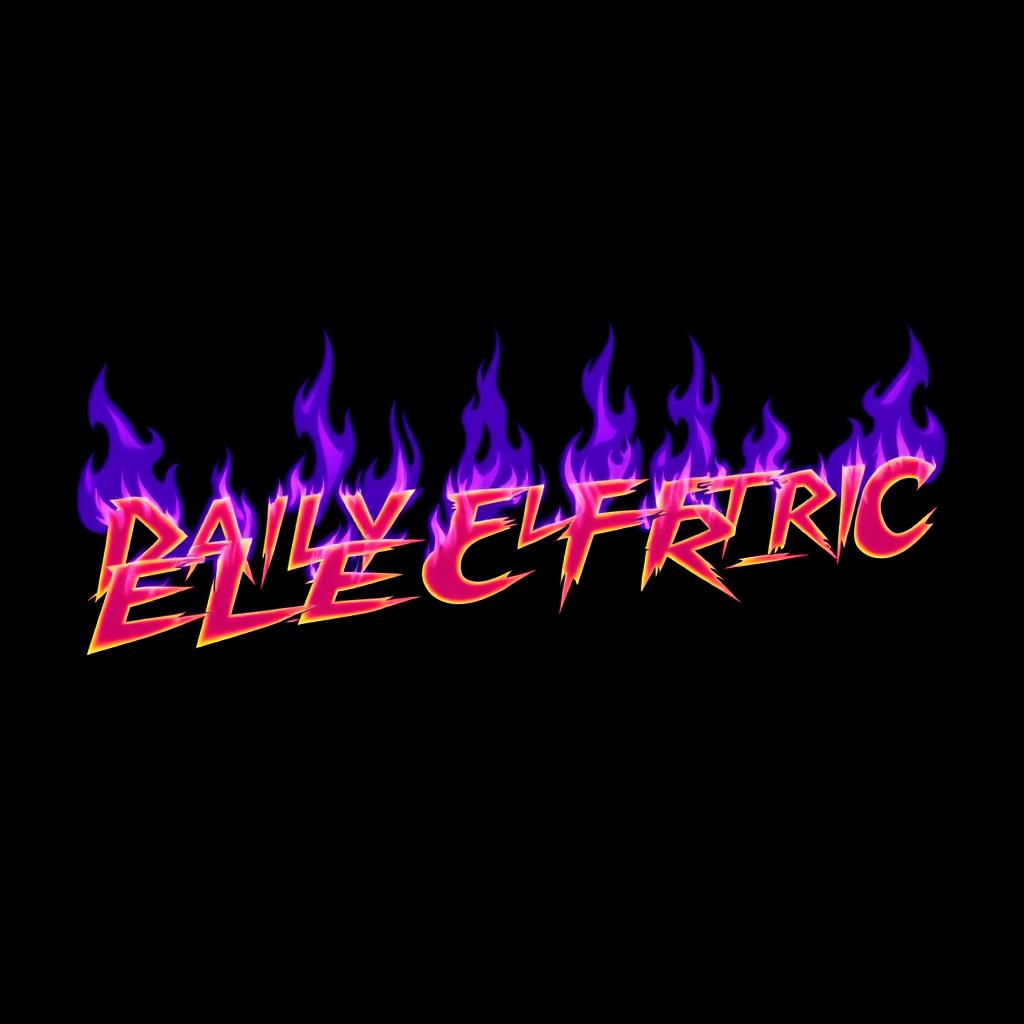 A graphic design featuring the phrase 'DAILY ELECTRIC' styled exactly like the text in the provided image, which includes fiery, edgy letters with purple flames surrounding them
