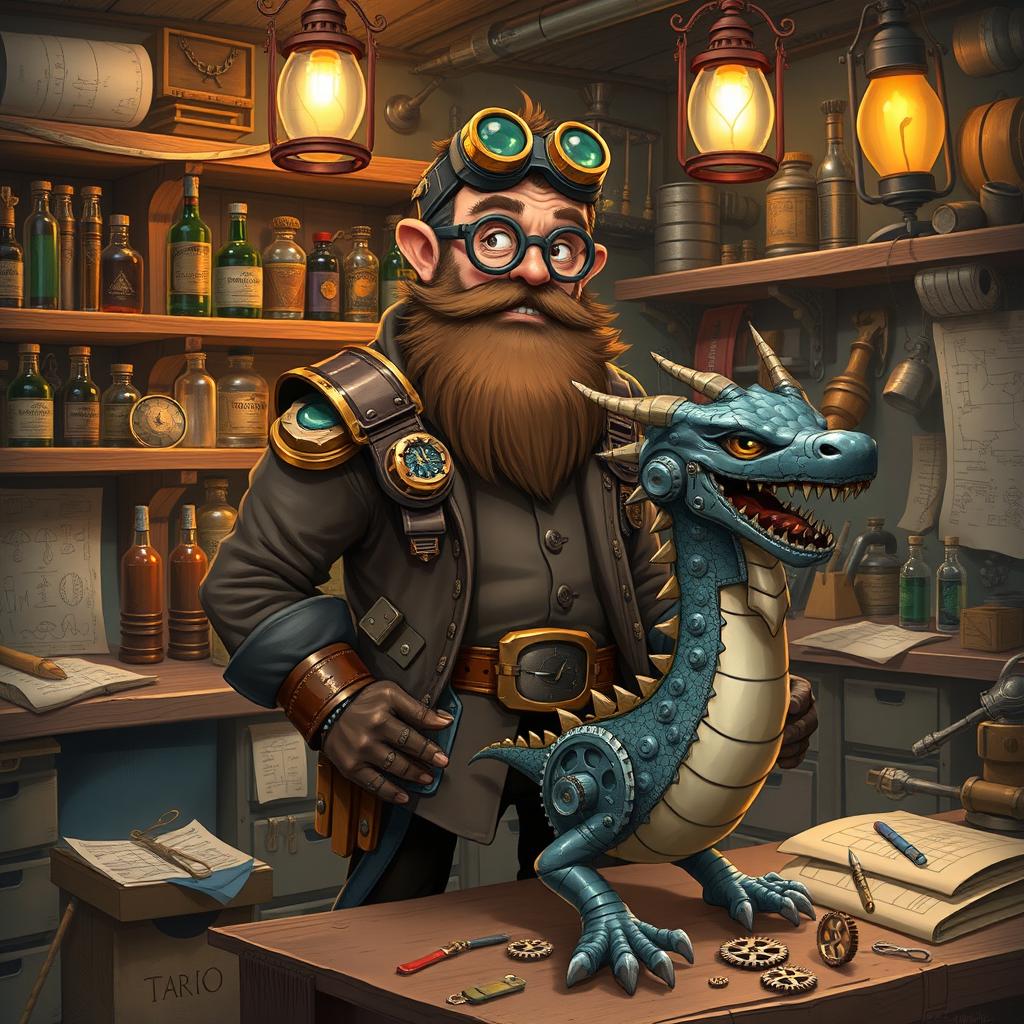 A whimsical and fantastical character design of a Dungeons and Dragons inventor, featuring an eccentric, bearded man in a steampunk-inspired outfit, complete with goggles, leather gloves, and multiple gadgets attached to his belt