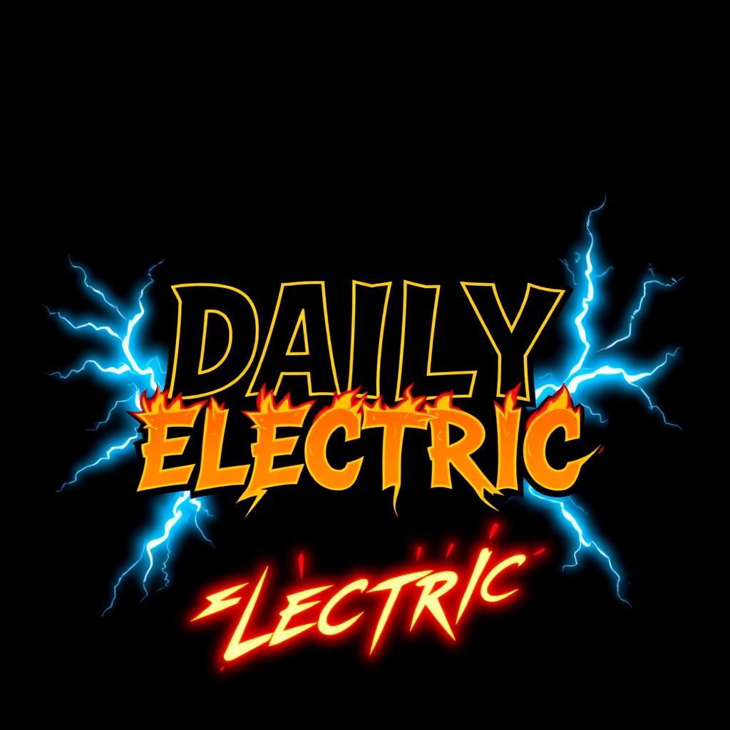 A vibrant graphic design featuring the phrase 'DAILY ELECTRIC' with bold, edgy letters illuminated by electric blue lightning bolts striking from the background
