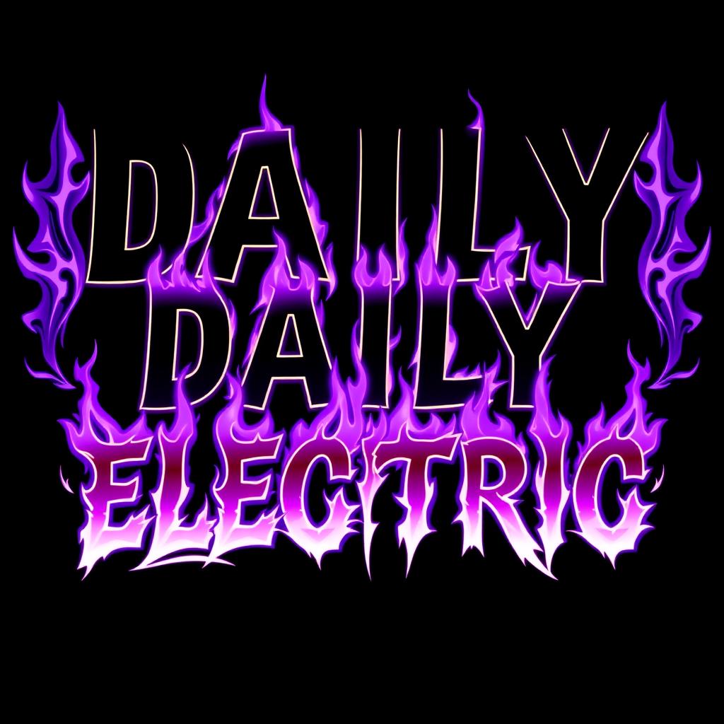 A graphic design featuring the phrase 'DAILY ELECTRIC' styled identically to the given reference image, with bold, dynamic letters surrounded by vibrant purple flames on a black background
