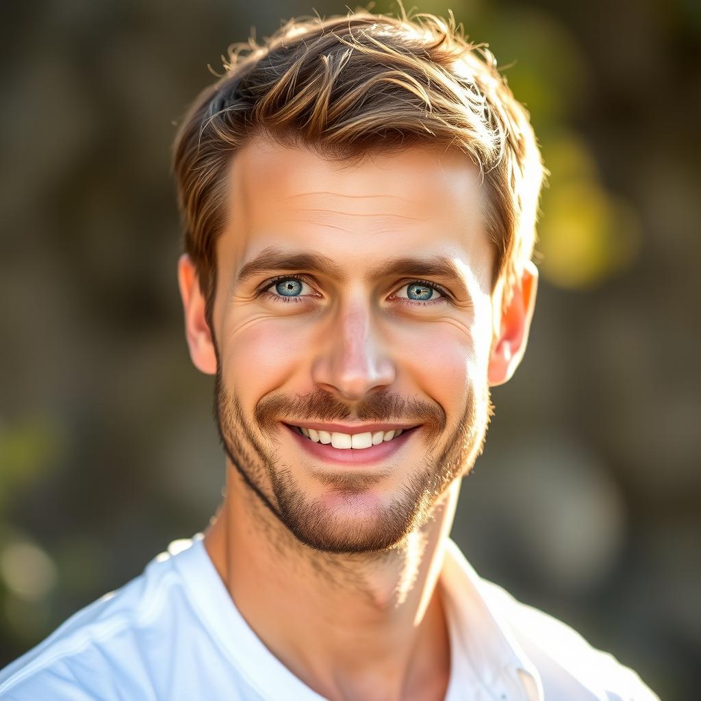 A portrait of a man with a gentle smile, looking directly at the viewer, with short brown hair and a neatly trimmed beard