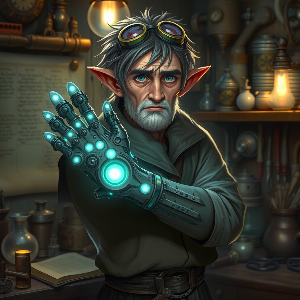 A fantasy inventor character in a Dungeons and Dragons setting, wearing a futuristic 'ghost glove' that emits a soft, ethereal glow