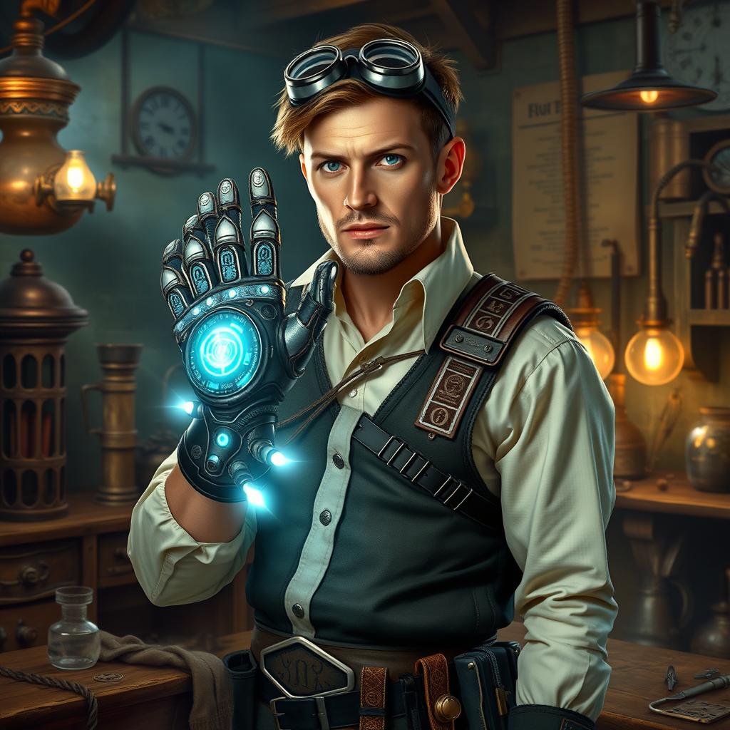 A human inventor from a Dungeons and Dragons fantasy setting, showcasing an intricate and futuristic 'ghost glove' on one hand, which appears to be a high-tech gadget brimming with glowing elements and mystical runes
