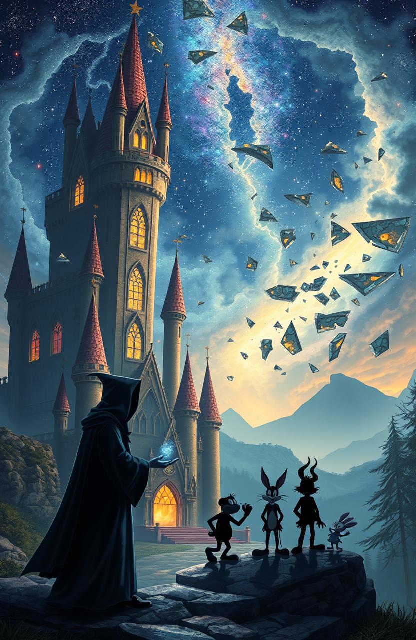 A highly realistic depiction of an enchanted castle in a shattered state, designed in a Disney style