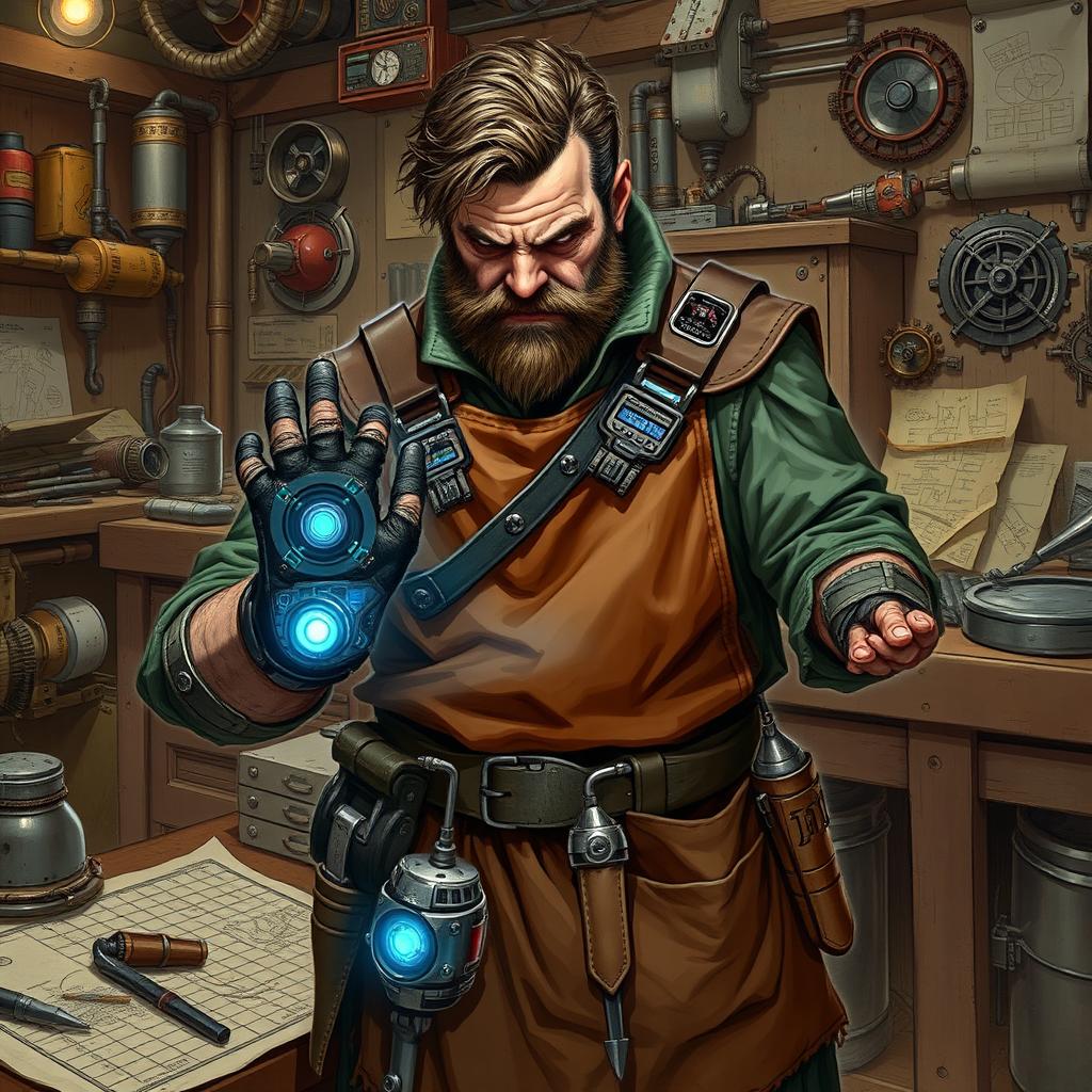 A detailed depiction of a Human Inventor character from a Dungeons and Dragons fantasy setting
