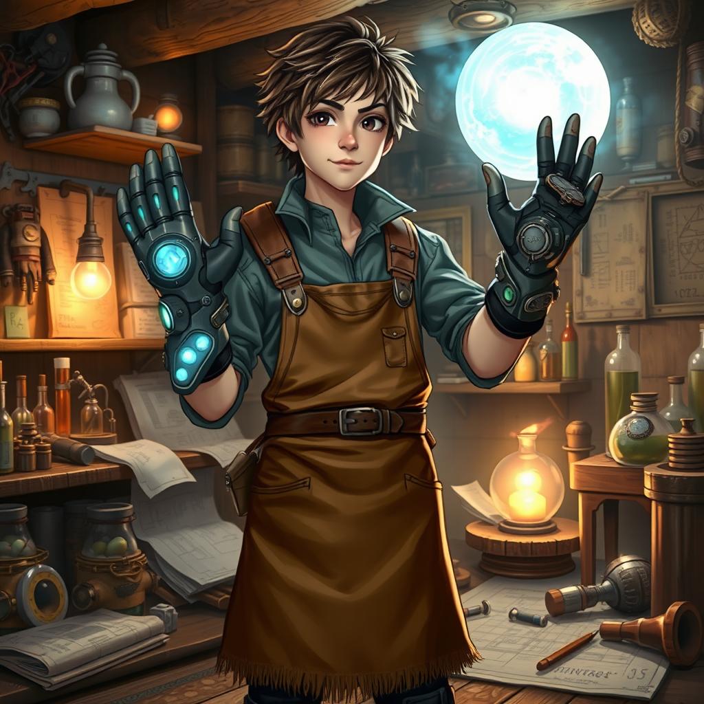 A young human inventor in a fantasy setting, standing proudly with a futuristic device called the 'Ghost Glove' on their right hand