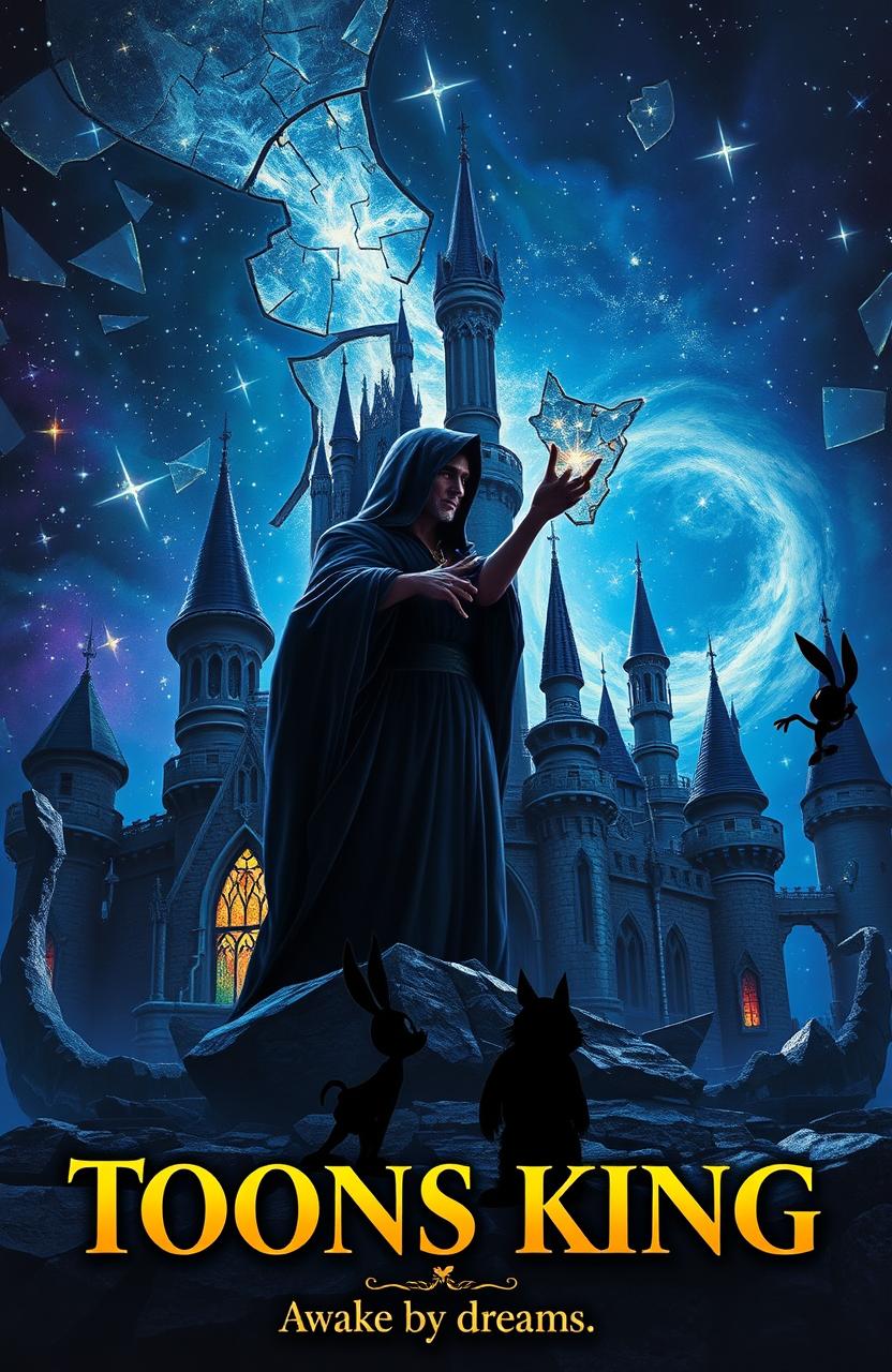 A very realistic portrayal of a shattered Disney-style castle, with pieces of stained glass scattered throughout the scene, exhibiting elements of esotericism and mystery
