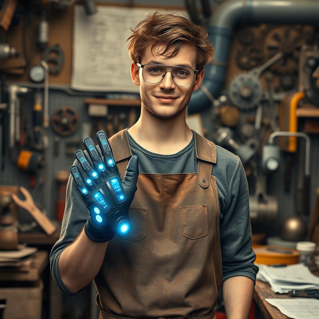 A young human male inventor aged 20-23, standing proudly in a cluttered workshop filled with mechanical parts and blueprints