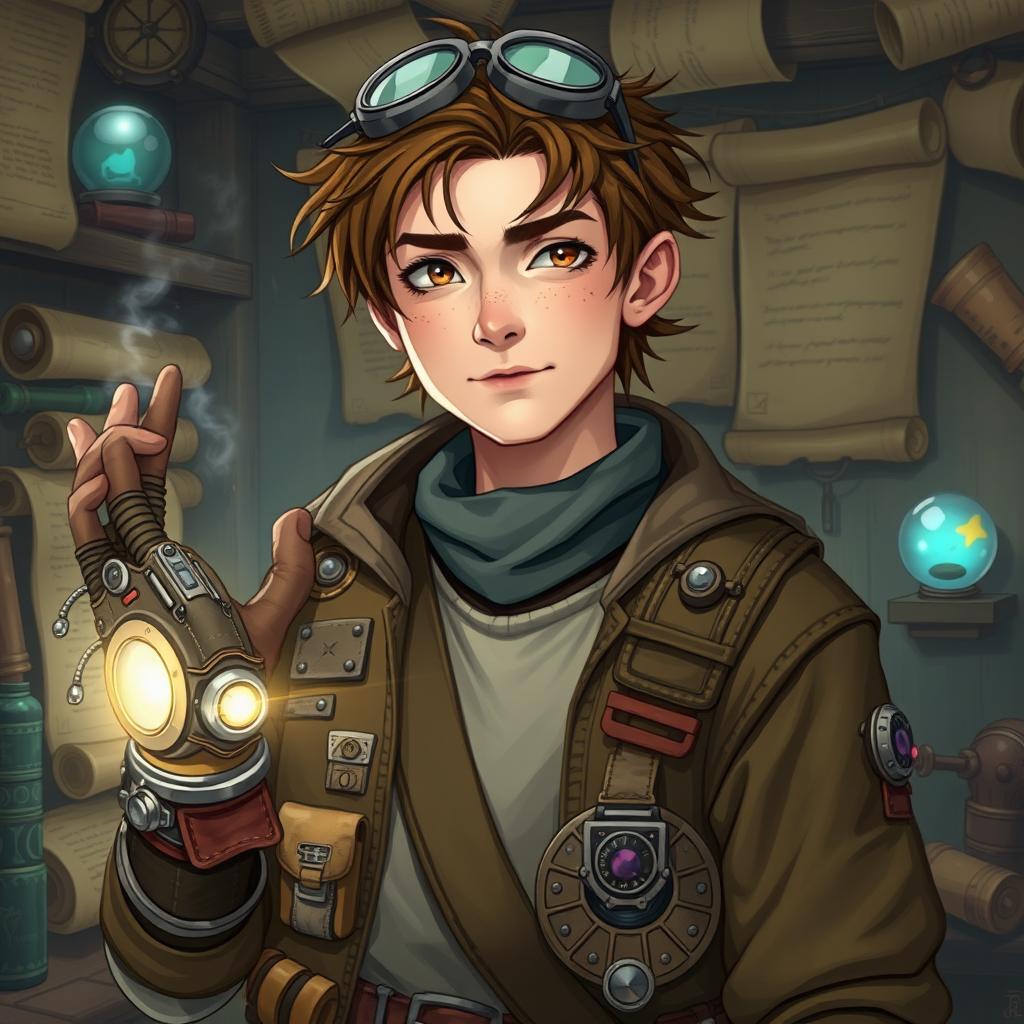 A 20-23 years old human inventor character set in a Dungeons and Dragons fantasy world