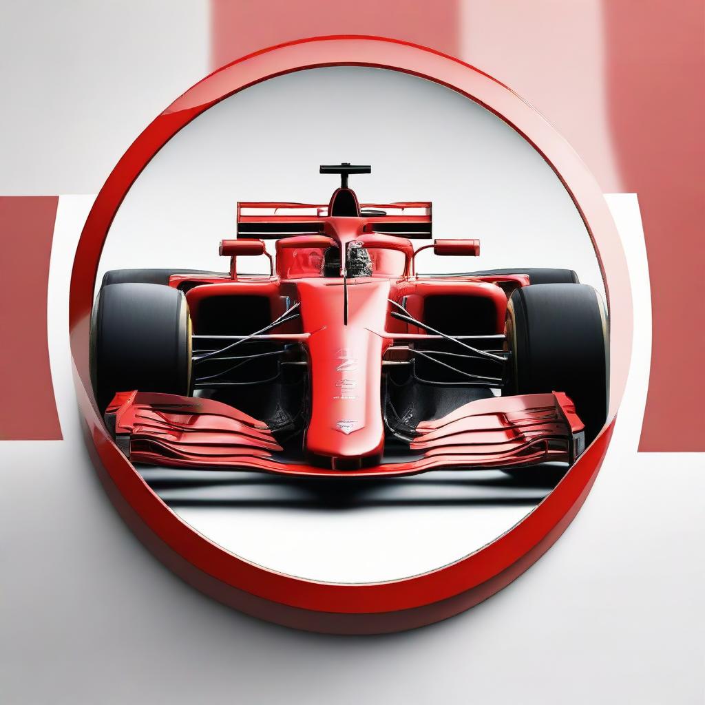 A photorealistic, red circular icon showcasing F1 race cars