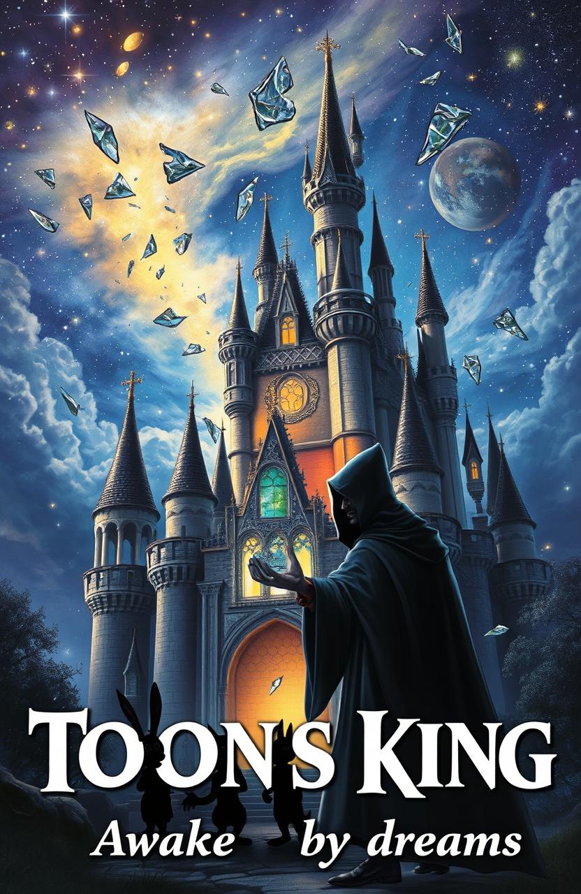 A highly realistic depiction of an enchanted castle in a Disney style, shattered into pieces with stained glass details