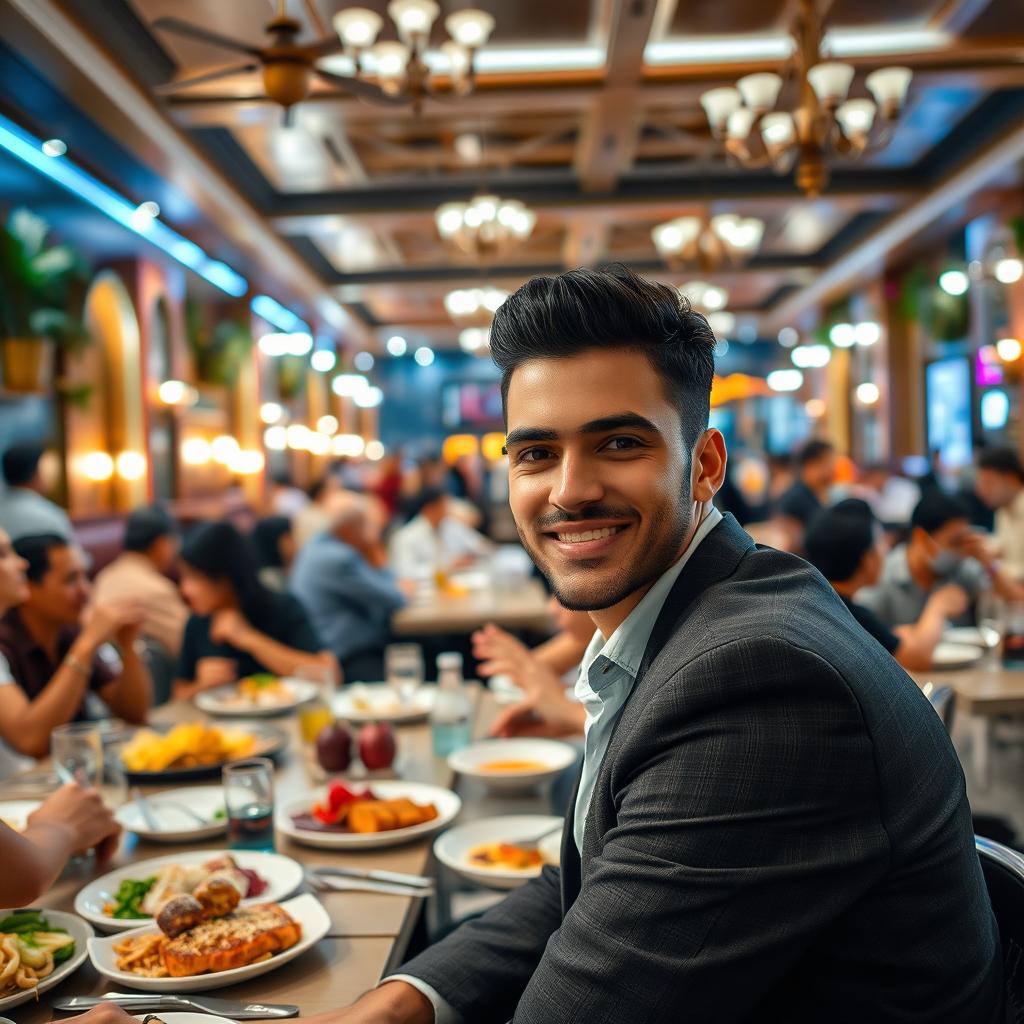 A lively and bustling restaurant scene featuring an attractive man sitting at a table
