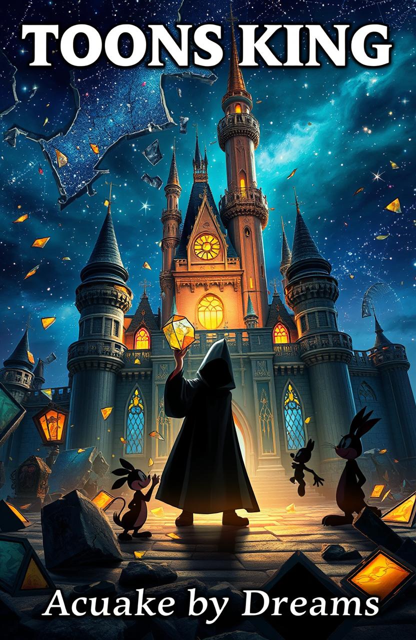 A very realistic depiction of an enchanted Disney-style castle, shattered into pieces with stained glass scattered across the scene