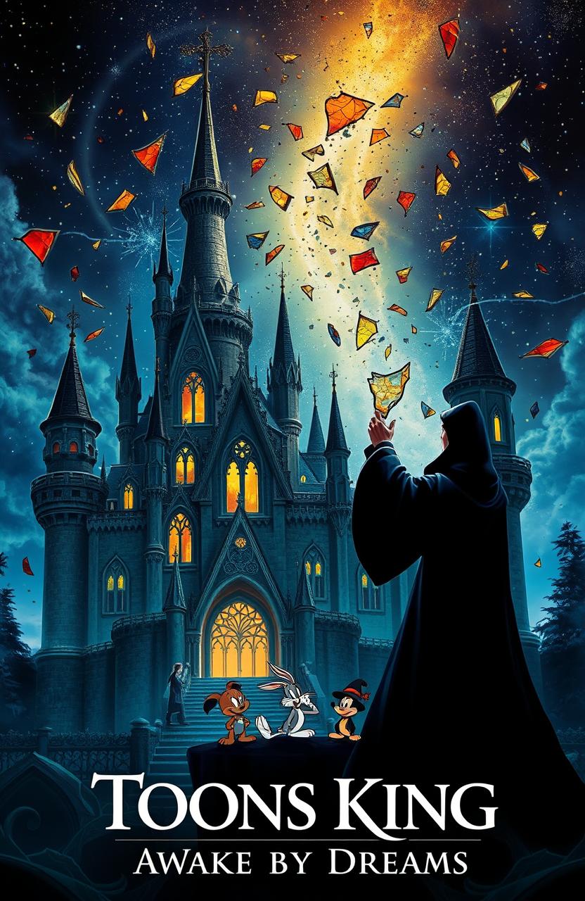 A very realistic depiction of an enchanted castle in a Disney style, intricately designed, now shattered into pieces with stained glass scattered throughout