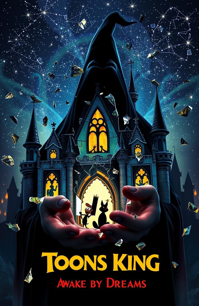 A very realistic portrayal of a shattered Disney-style castle made of stained glass, with fragments shattered and scattered throughout the image