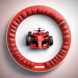 A photorealistic, red circular icon showcasing F1 race cars