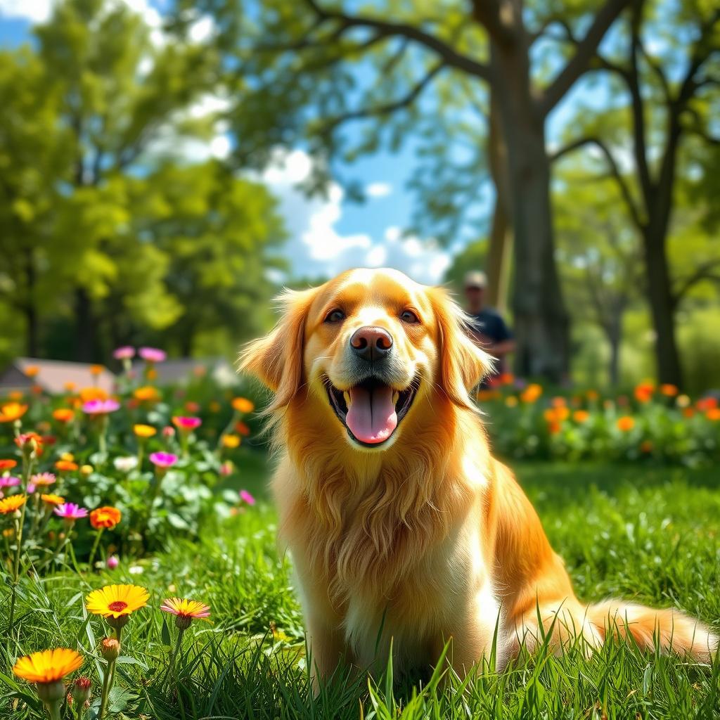 A happy, playful golden retriever dog sitting in a beautiful outdoor setting