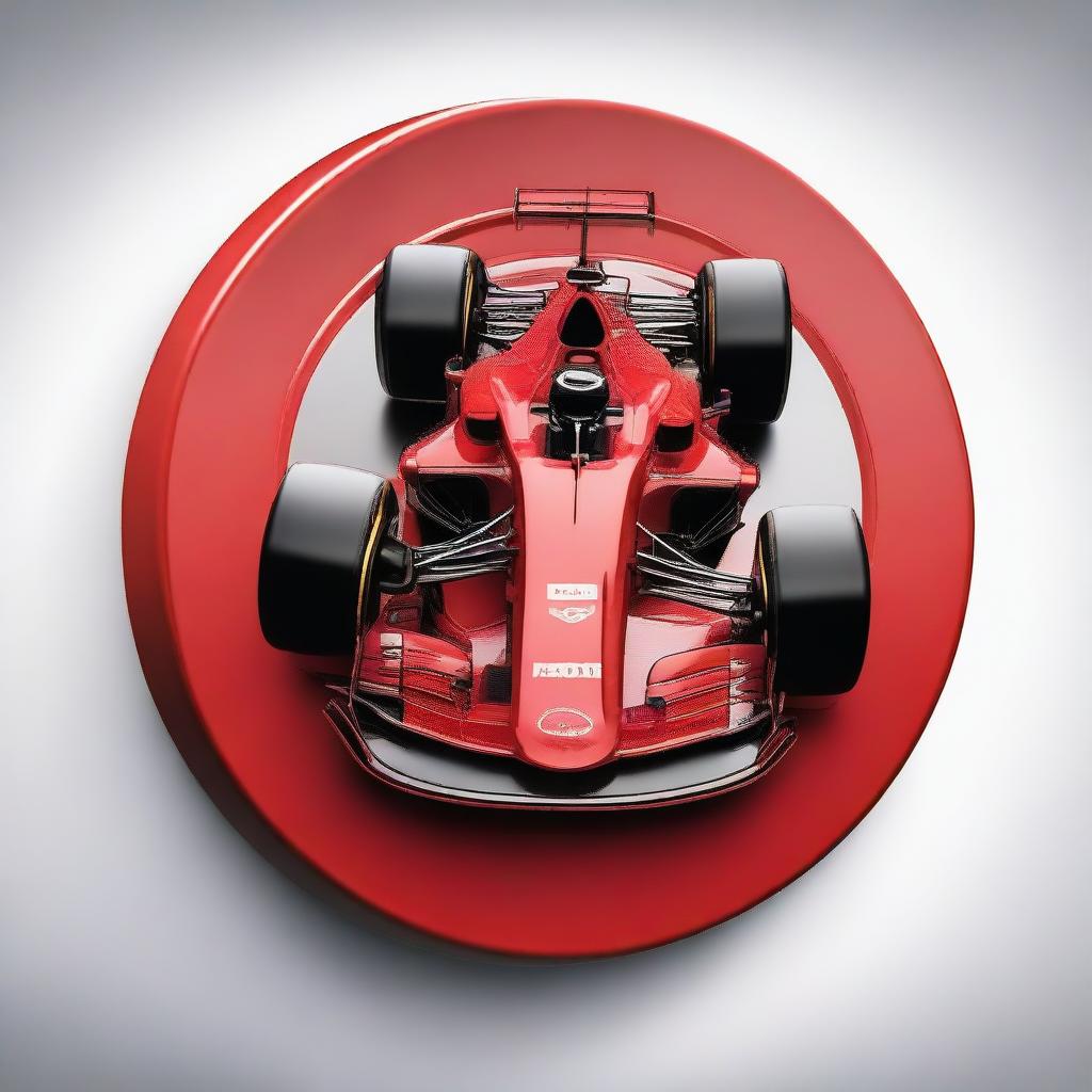 A photorealistic, red circular icon showcasing F1 race cars