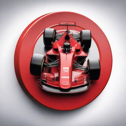 A photorealistic, red circular icon showcasing F1 race cars