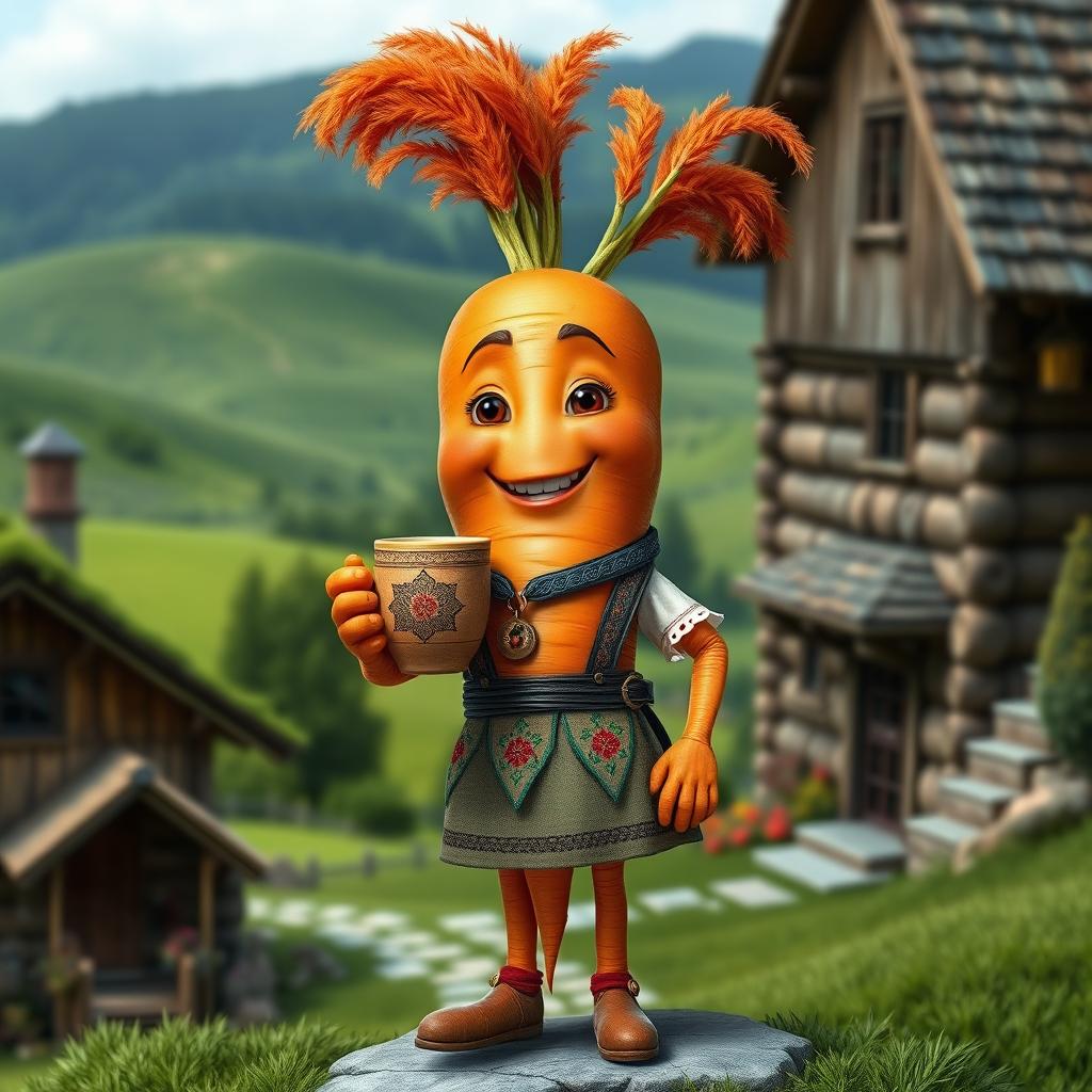 A realistic carrot character, anthropomorphized with human-like hands and legs, dressed in traditional Transylvanian attire, holding a beautifully crafted cup