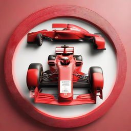 A photorealistic, red circular icon showcasing F1 race cars