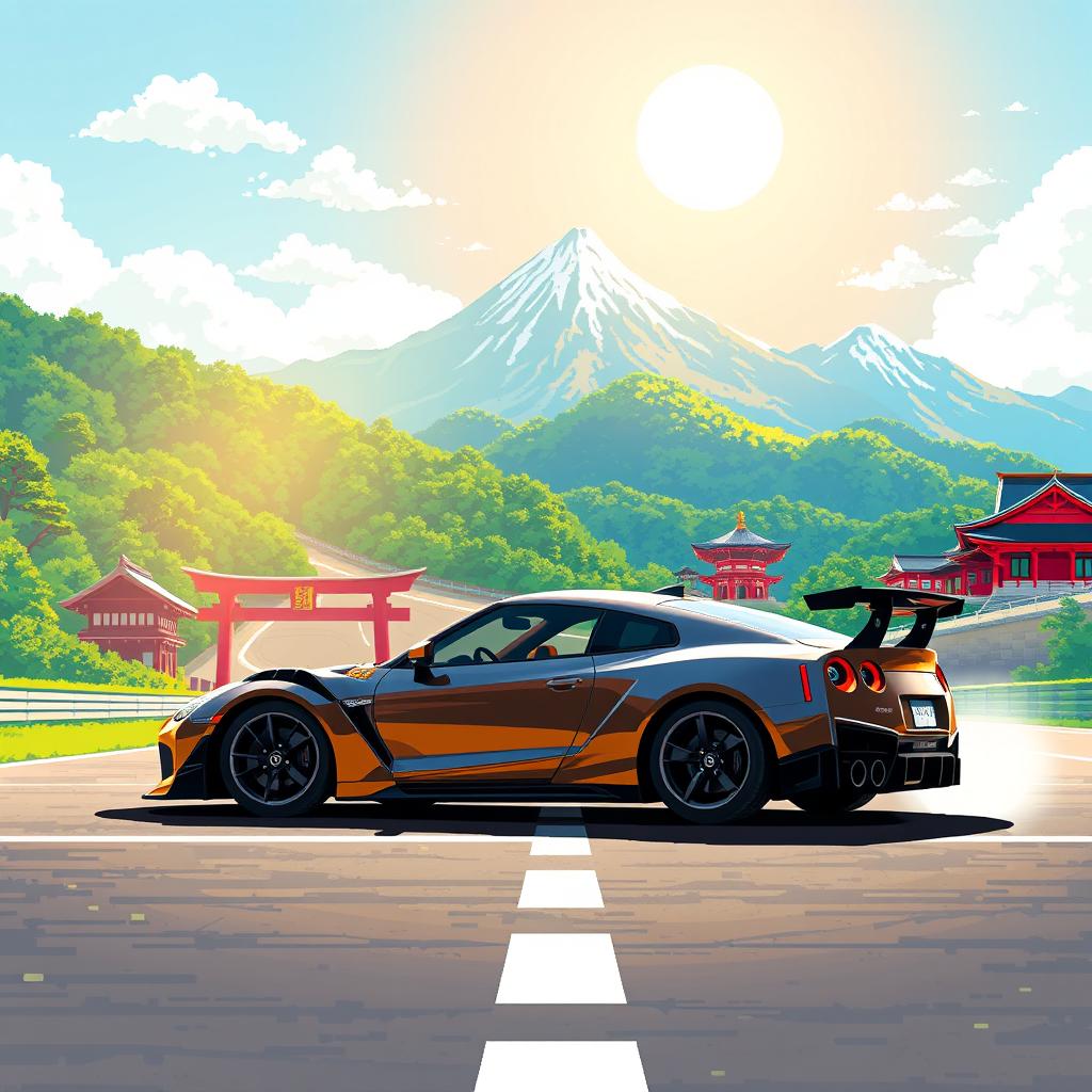 A powerful sports car positioned at the starting line of a racetrack, set against a pixel art style Japanese landscape illuminated by bright sun rays