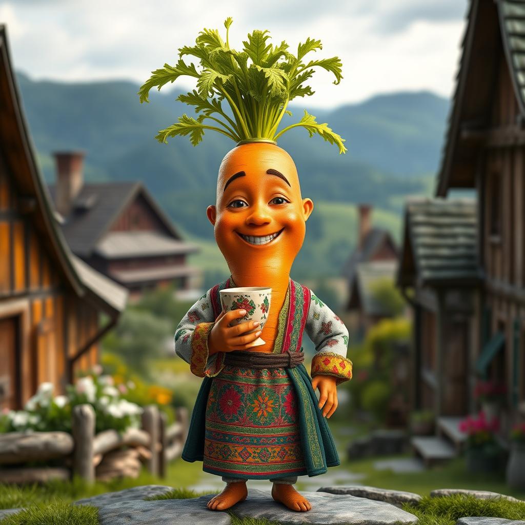 A realistic carrot boy character, anthropomorphized with human-like hands and legs, dressed in traditional Transylvanian clothing, holding a beautifully crafted cup