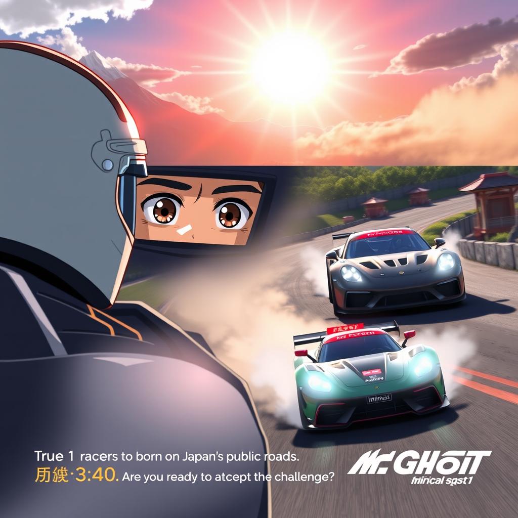 An animated sequence depicting a thrilling car racing story in a vibrant Japanese landscape