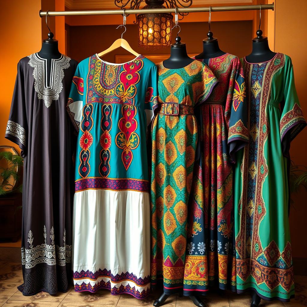 A stunning collection of traditional African dresses displayed elegantly