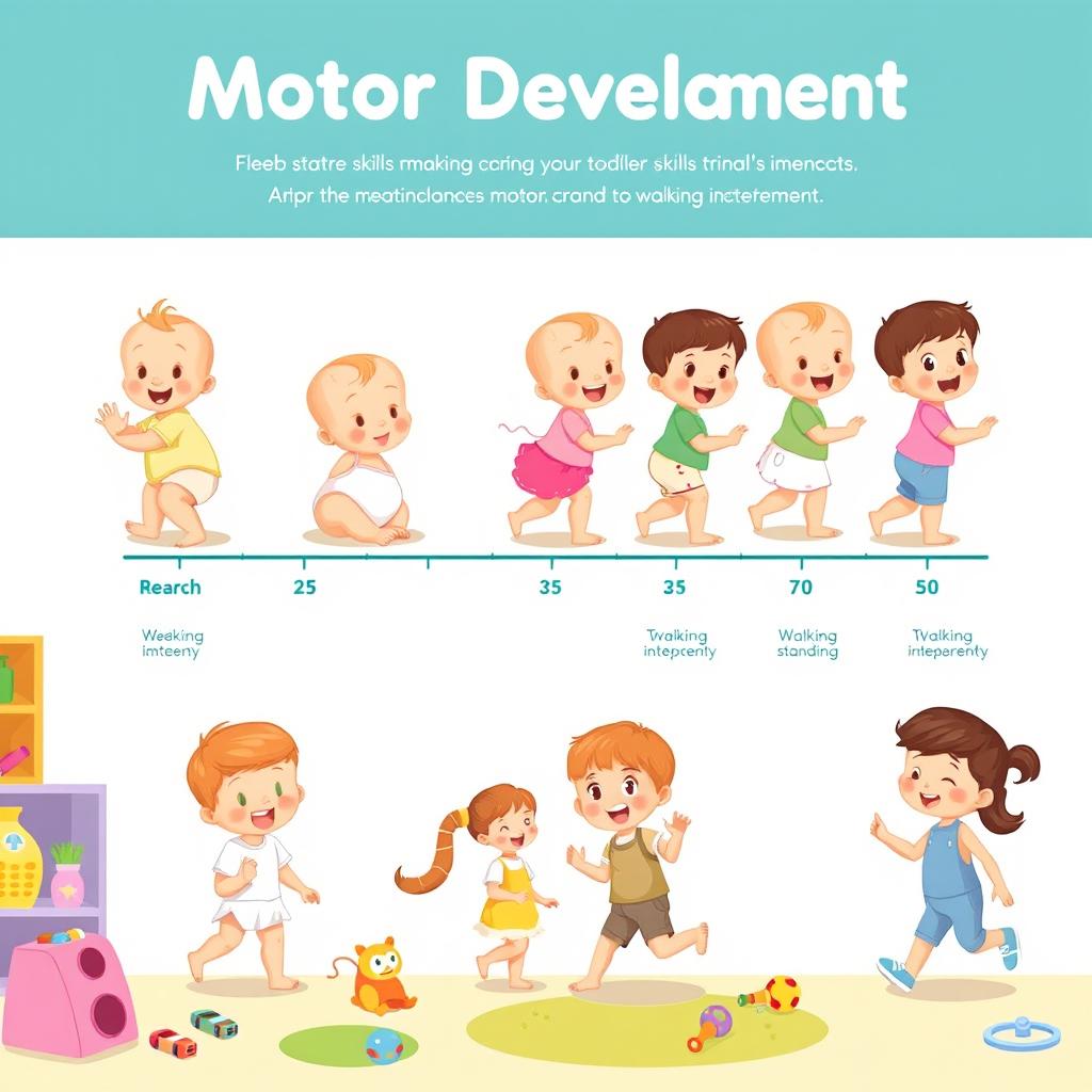 A detailed illustration depicting the stages of motor development in infants and toddlers, showing various milestones such as reaching, crawling, standing, and walking