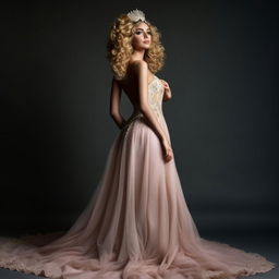 An Arabian princess with beautiful loose blonde curls, adorned in a stunning full-length dress.