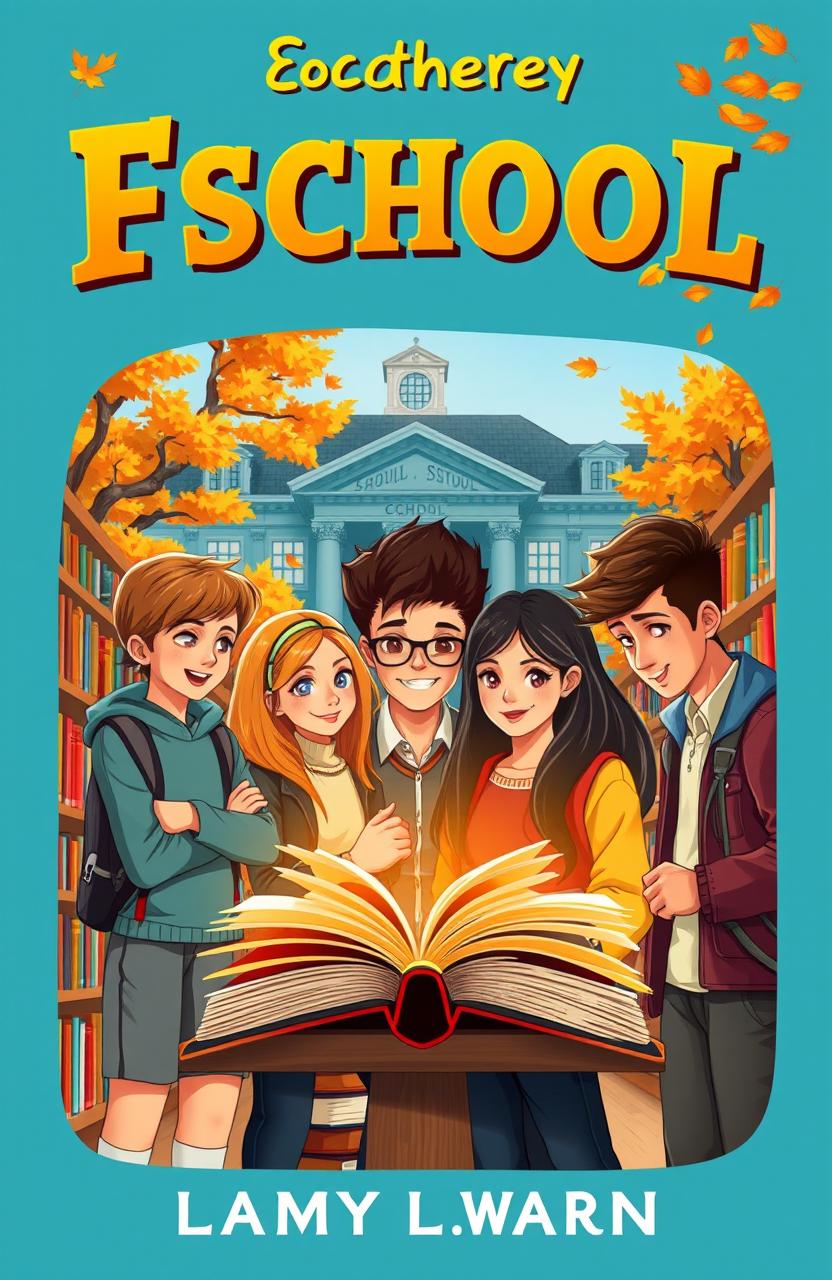 A vibrant and engaging novel cover design set in a school environment, featuring a diverse group of high school students of different ethnicities and genders, all gathered around an open book in a cozy library filled with bookshelves