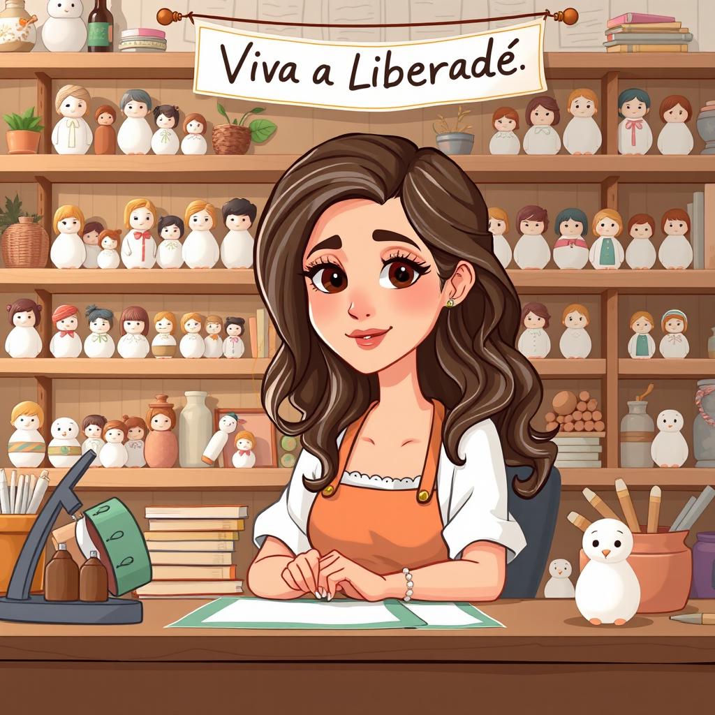 An illustration of a craftswoman with long, wavy brown hair featuring gray highlights, styled in a middle part