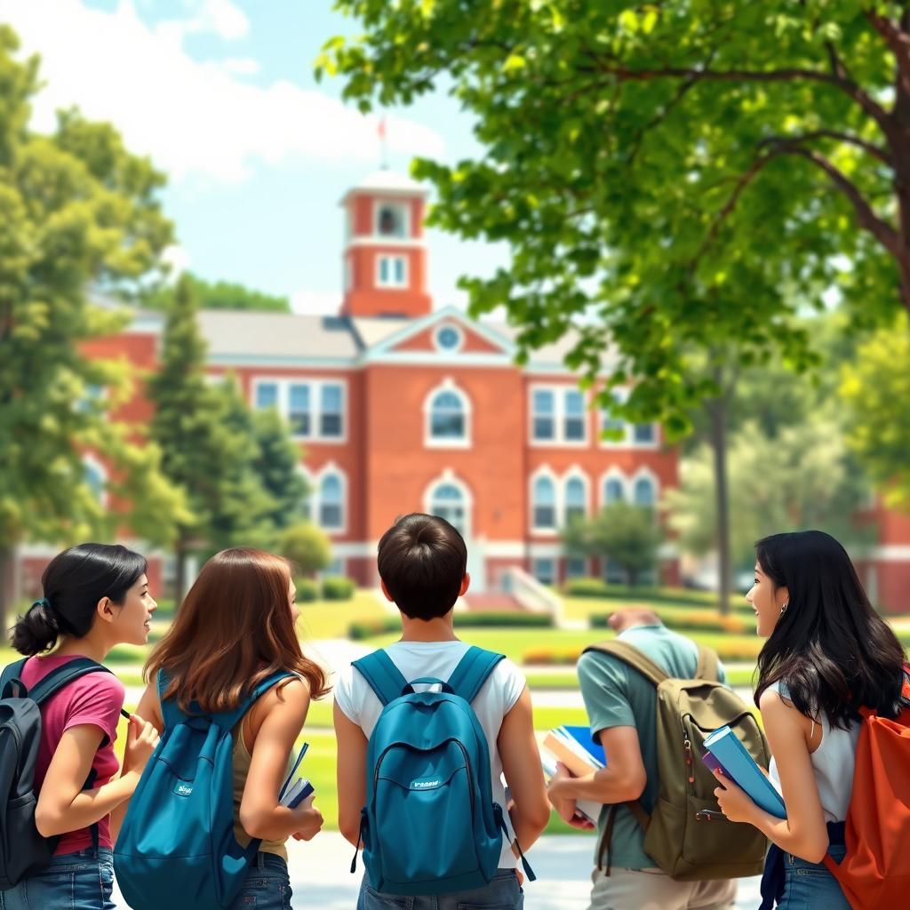 A realistic novel cover design set in a school environment, showcasing a high school scene during a sunny day