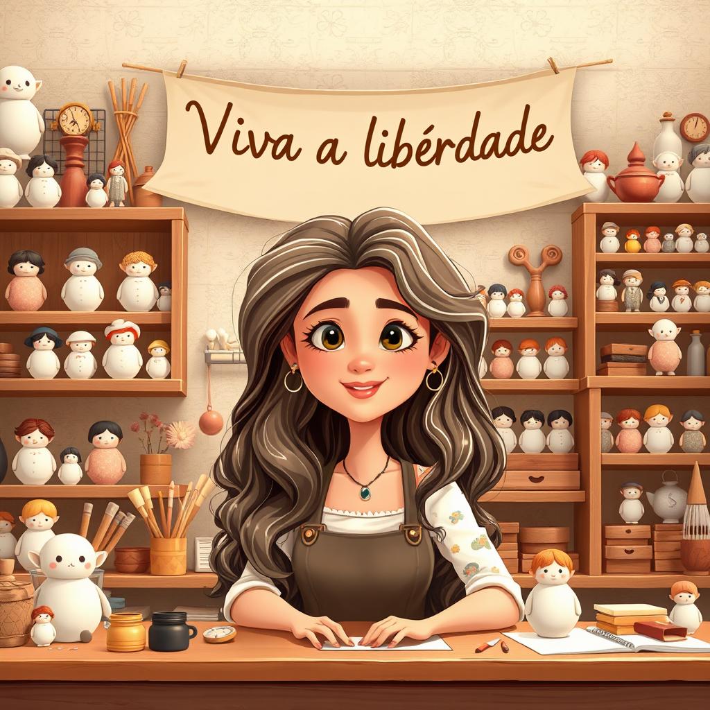 An illustration of a crafty artisan with long, wavy, voluminous brown hair featuring gray streaks, styled with a center part