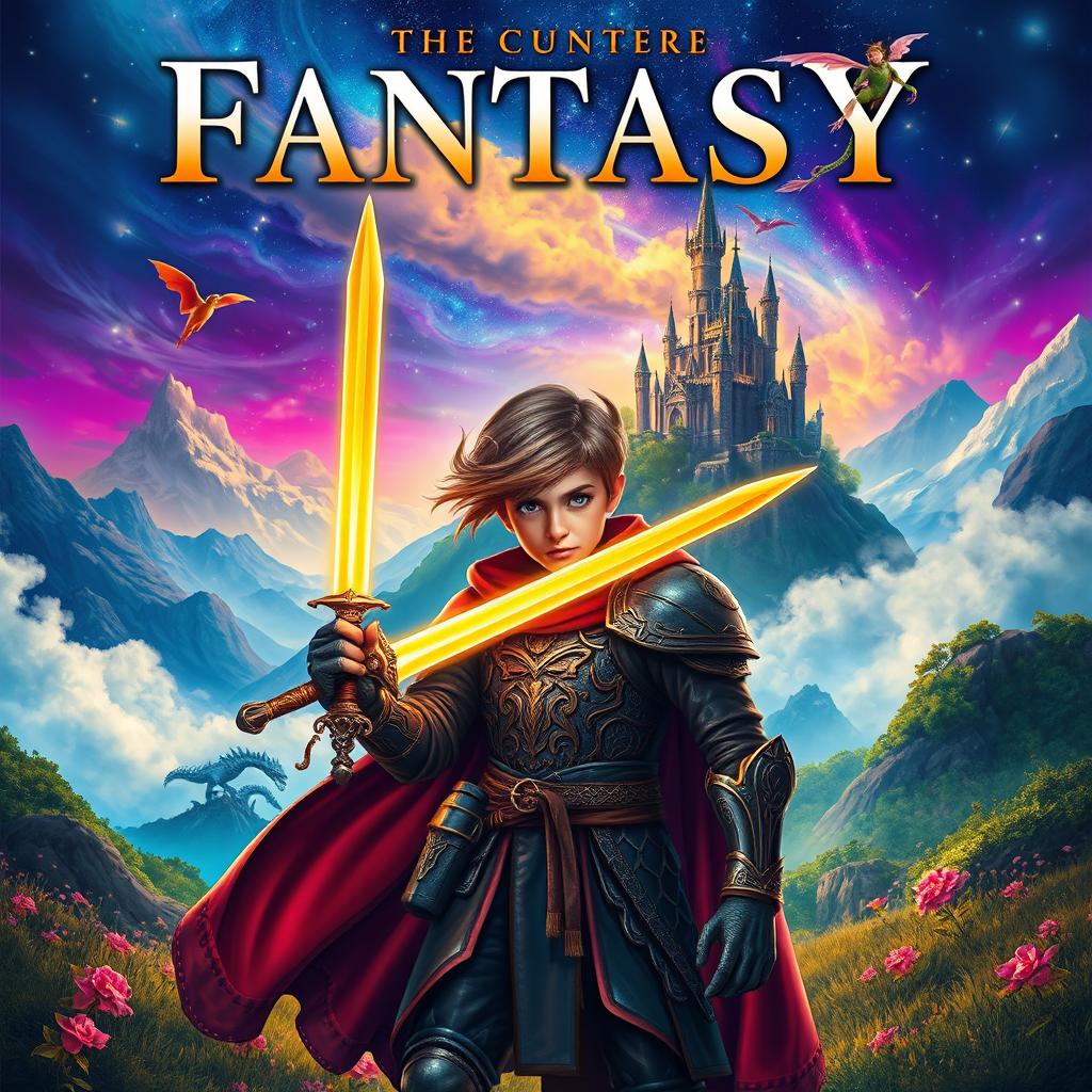 A captivating fantasy novel cover design, featuring a mystical landscape filled with vivid colors and enchanting elements