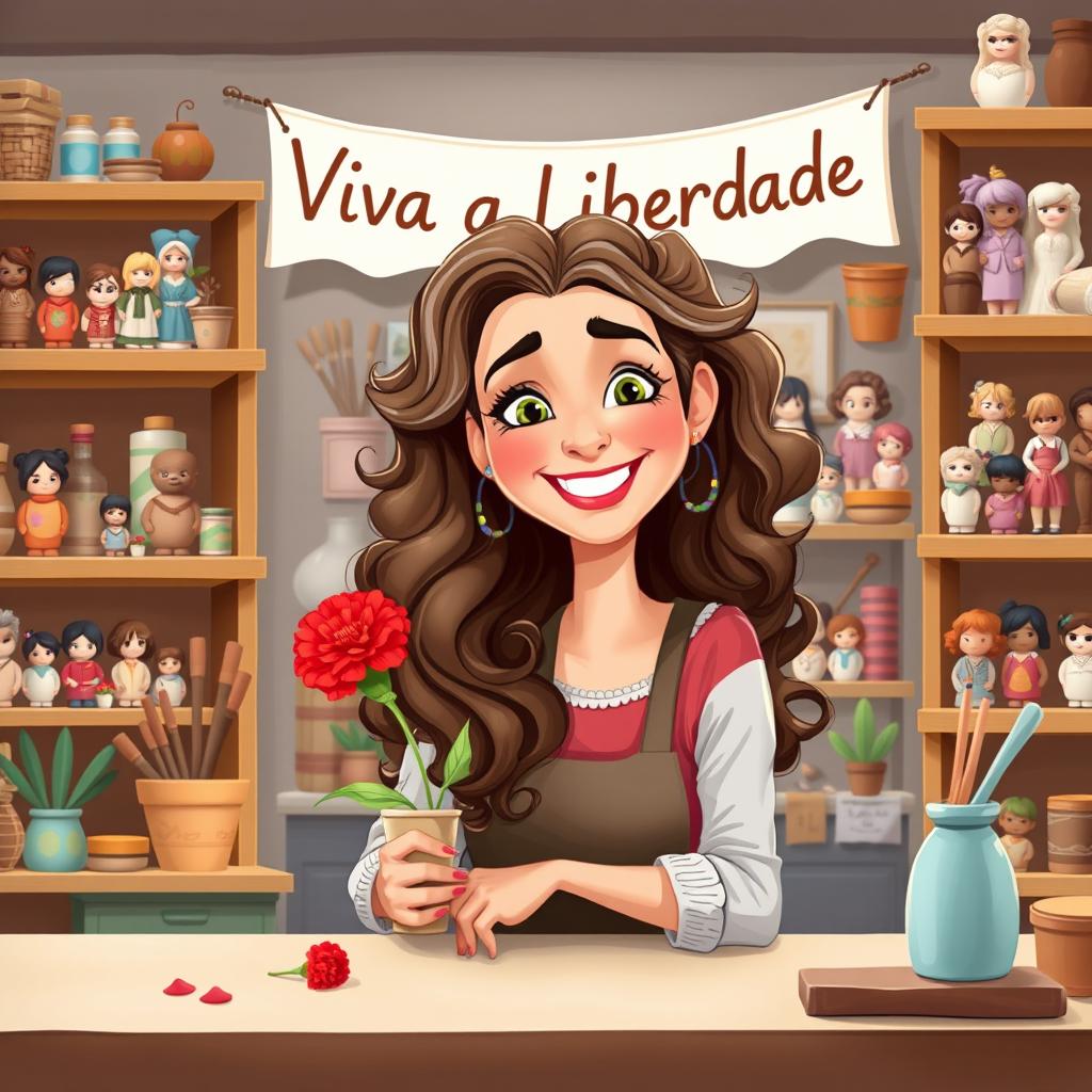 A cheerful artisan with long, curly, and voluminous brown hair featuring gray highlights