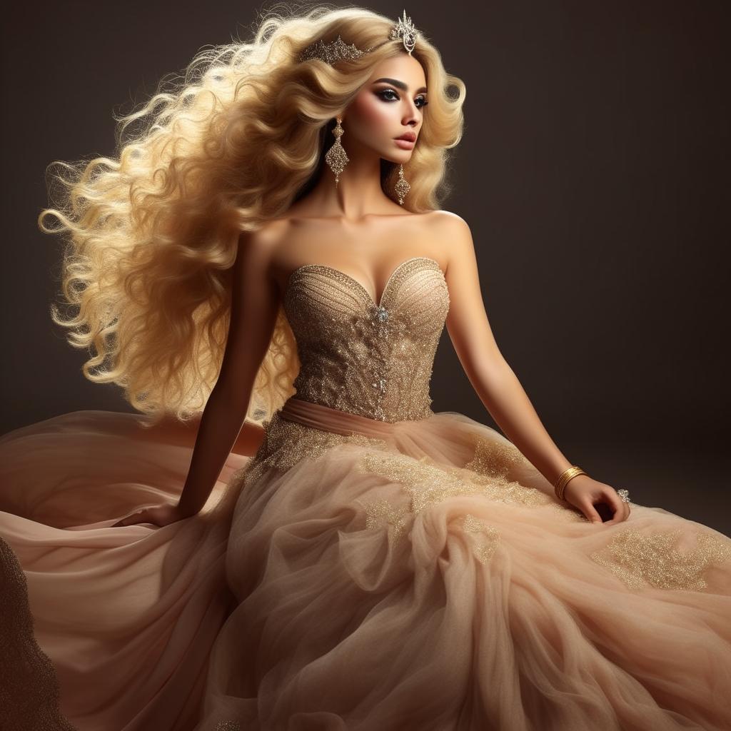 An Arabian princess with beautiful loose blonde curls, adorned in a stunning full-length dress.