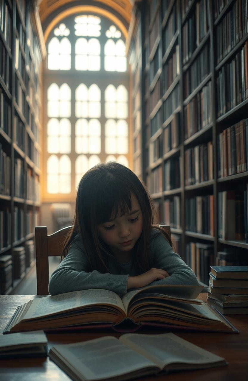 A heart-wrenching scene of a girl weeping in a library, surrounded by tall shelves filled with books